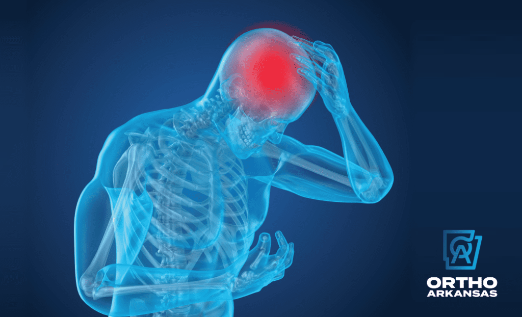 Medical x-ray diagram with head highlighted in red to indicate a concussion