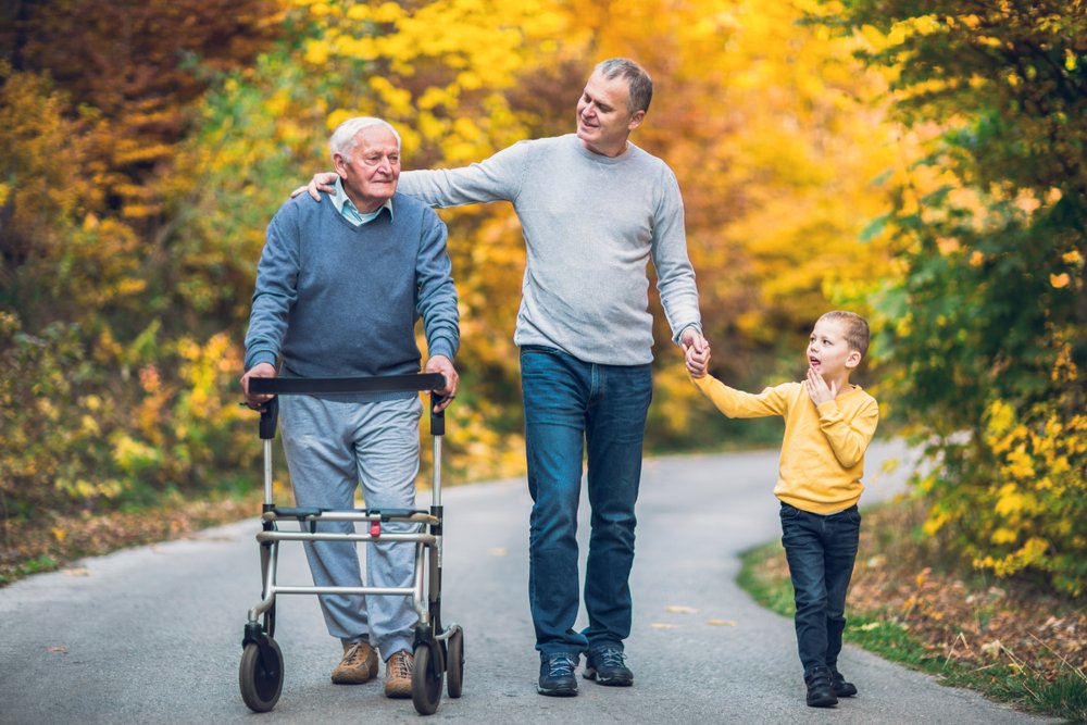 Grandfather, son and grandson all walk together. Son helps father walk with his walker