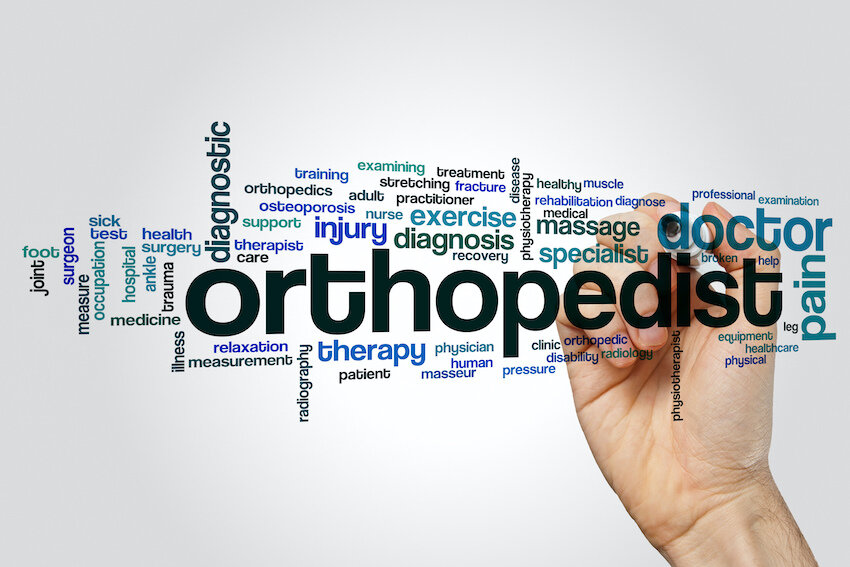 Word cloud of what an orthopedist is. Words associated with orthopedics.